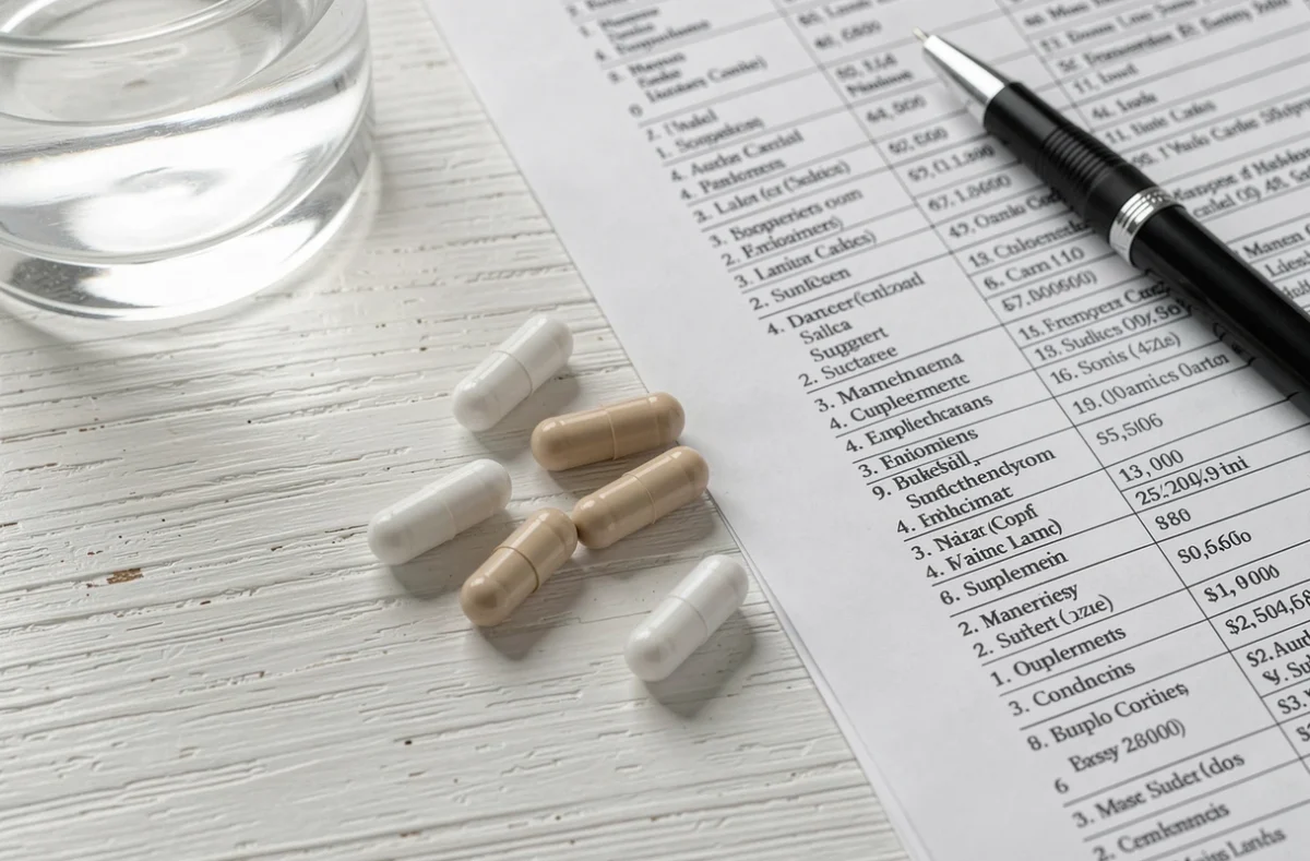 Vue aérienne de gélules de complément alimentaire cardiovasculaire avec document d'information sur les effets secondaires