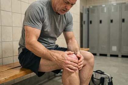 Homme d'âge moyen tenant son genou gonflé après un effort sportif dans un vestiaire