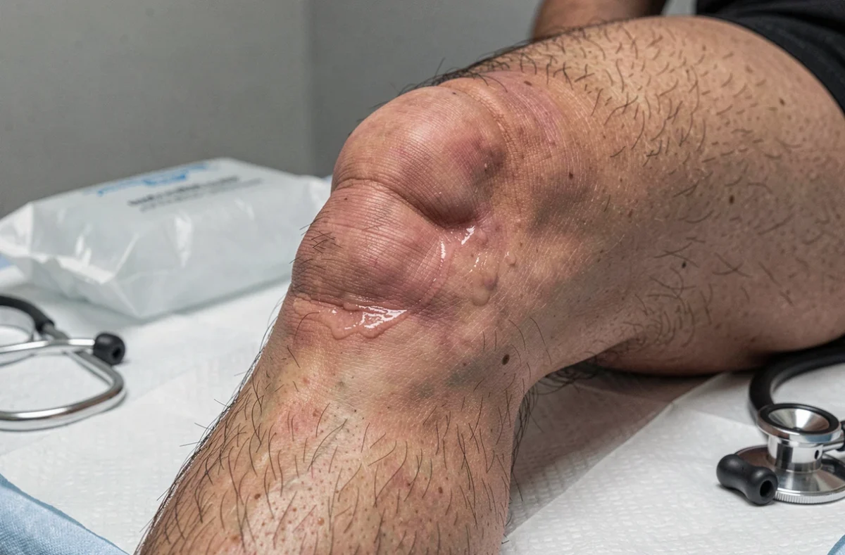 Gros plan d'un genou gonflé avec épanchement intra-articulaire visible sur une table d'examen médicale