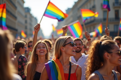 Groupe divers avec drapeaux arc en ciel dans une place urbaine