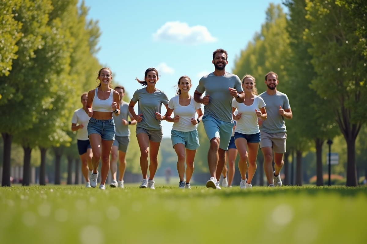 Groupe divers de personnes courant dans un parc ensoleille