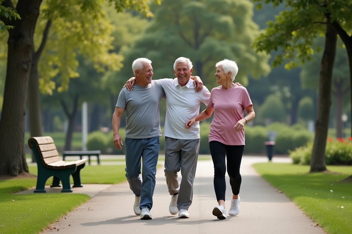 Groupe de seniors marchant dans un parc ensoleille