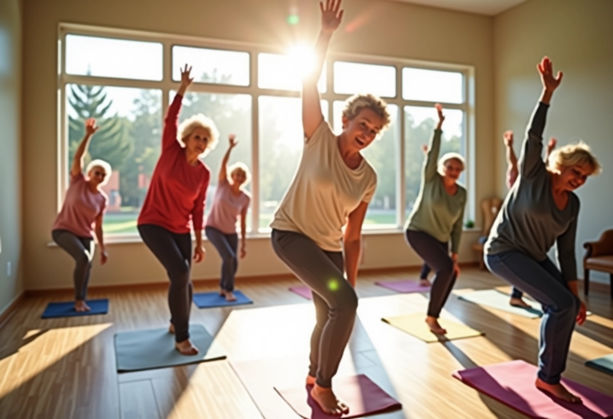 Groupe de seniors pratiquant le yoga dans un centre lumineux