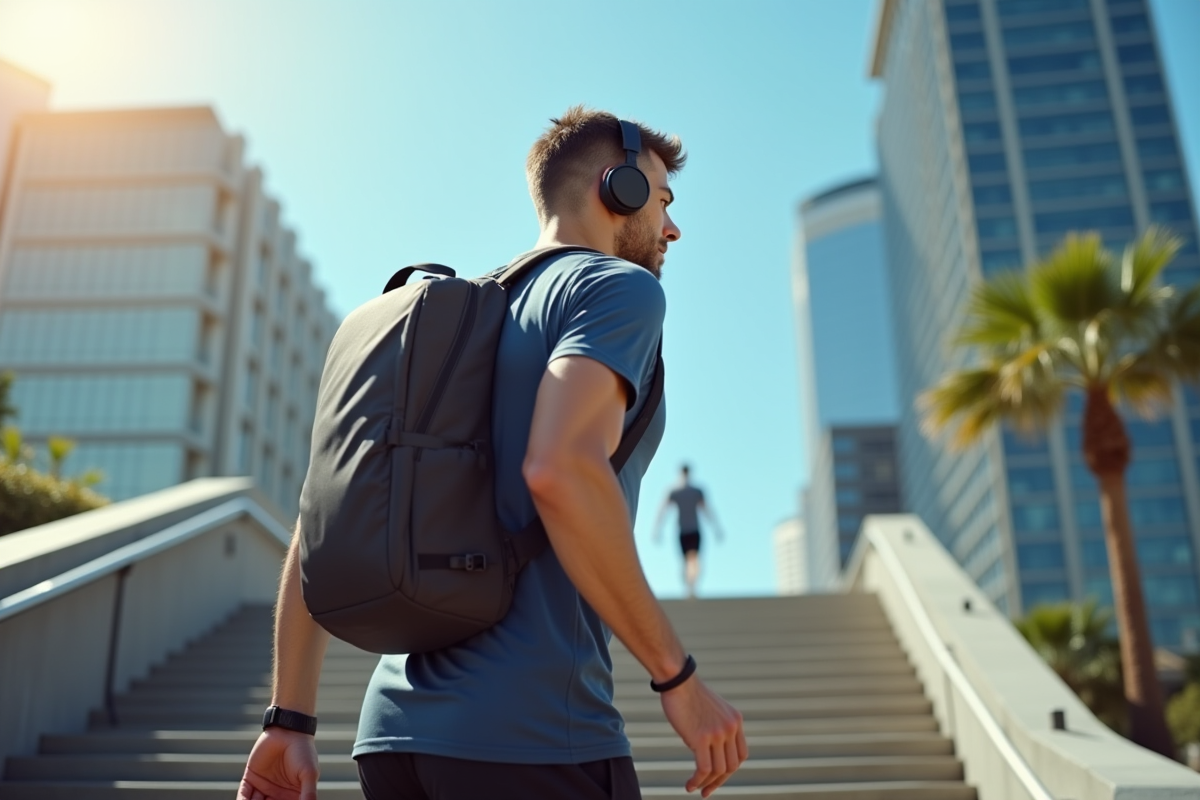 Homme actif montant des escaliers en ville avec casque