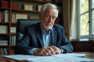 Homme âgé en costume regardant des documents médicaux