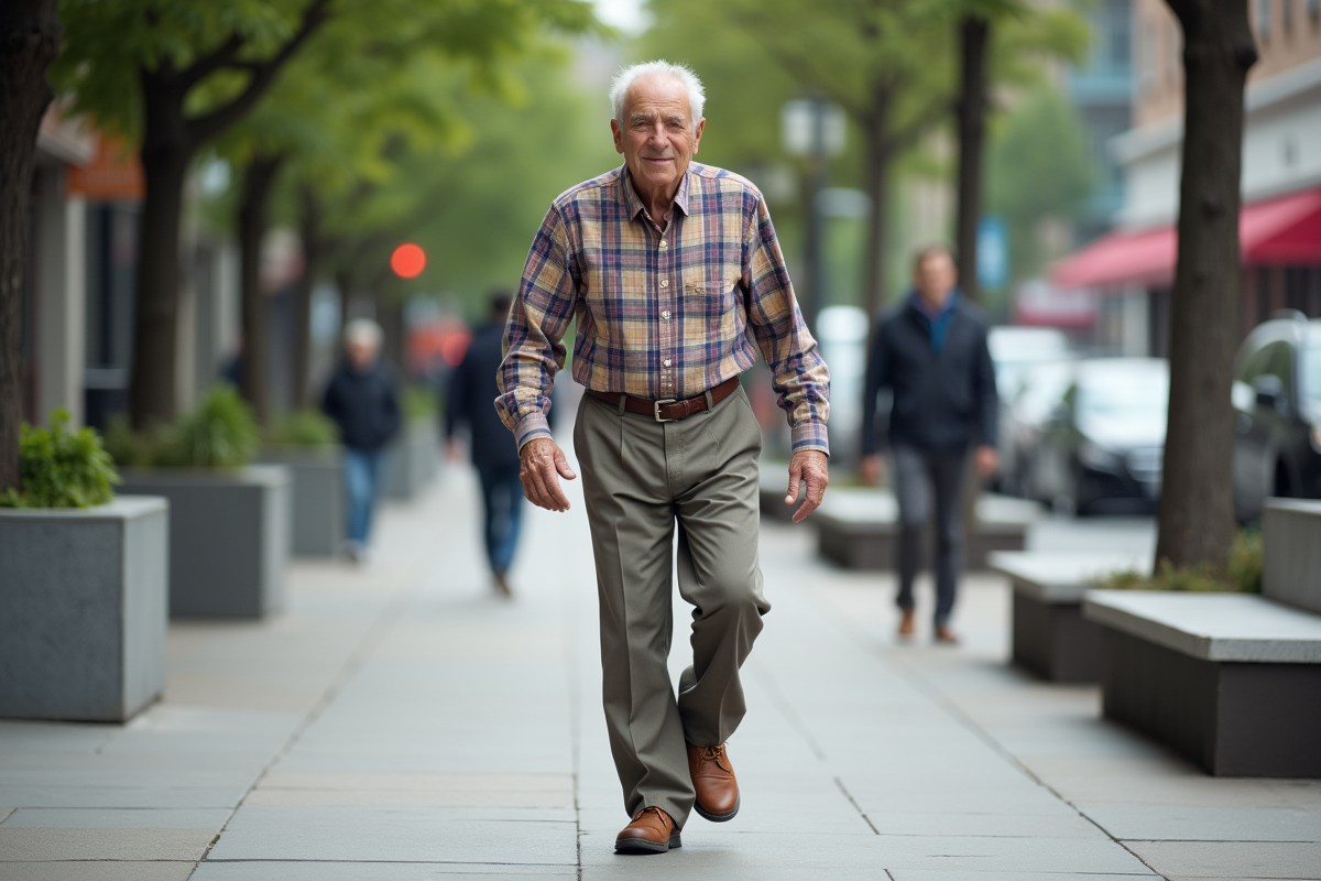 Homme agee marchant sur le trottoir en ville