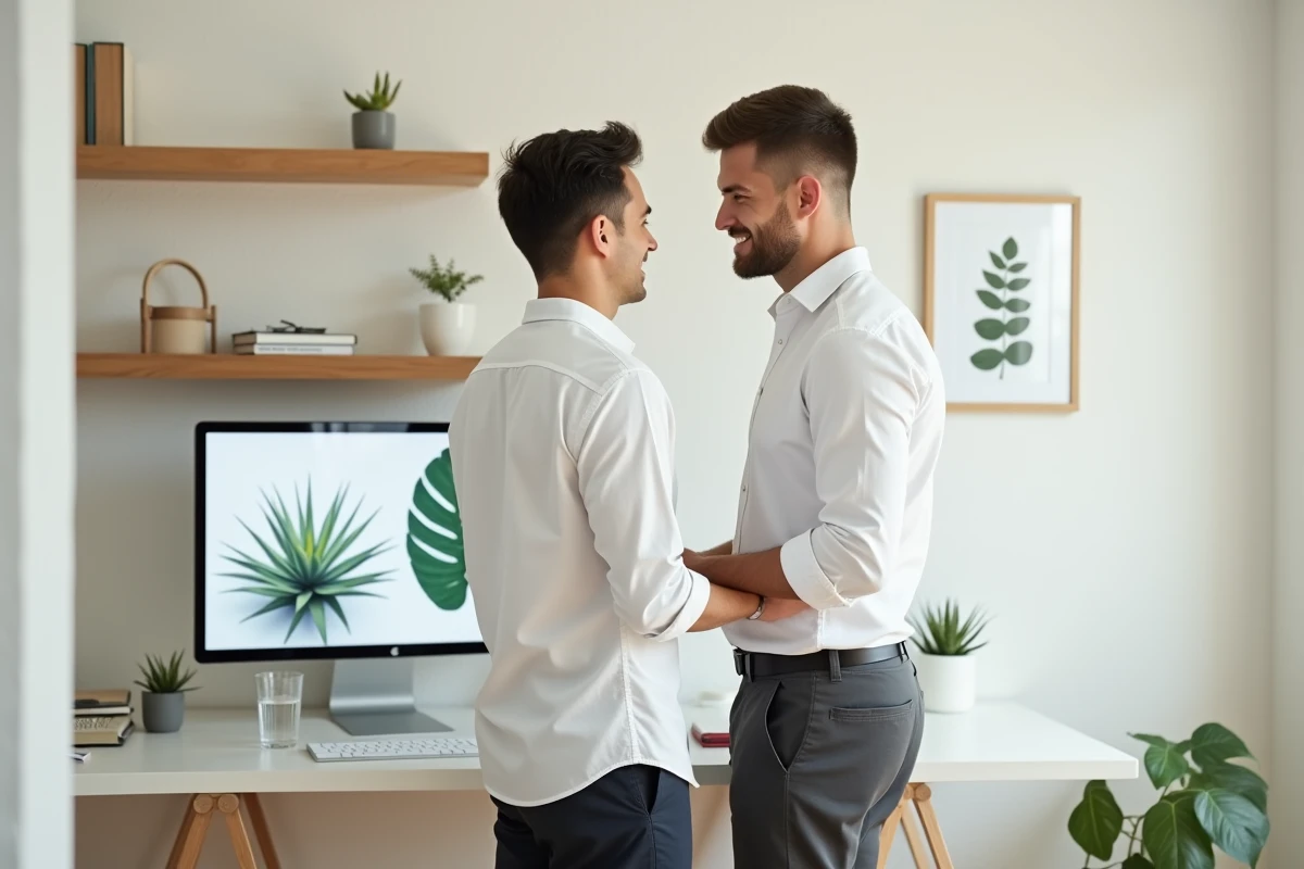Homme consultant un blog santé sur son ordinateur dans un bureau épuré et minimaliste à domicile