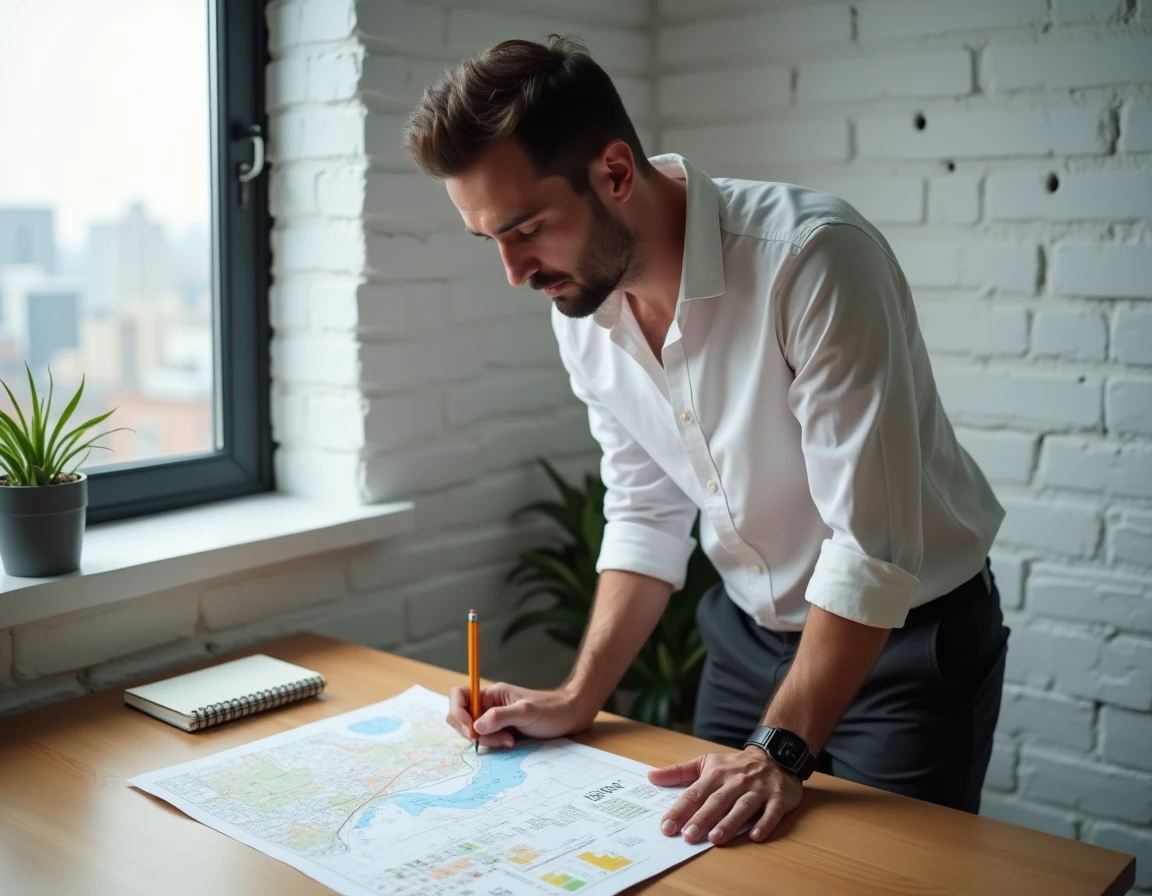 Homme consultant une carte topographique et des notes manuscrites pour convertir ses pas en kilom&egrave;tres et estimer ses heures de marche