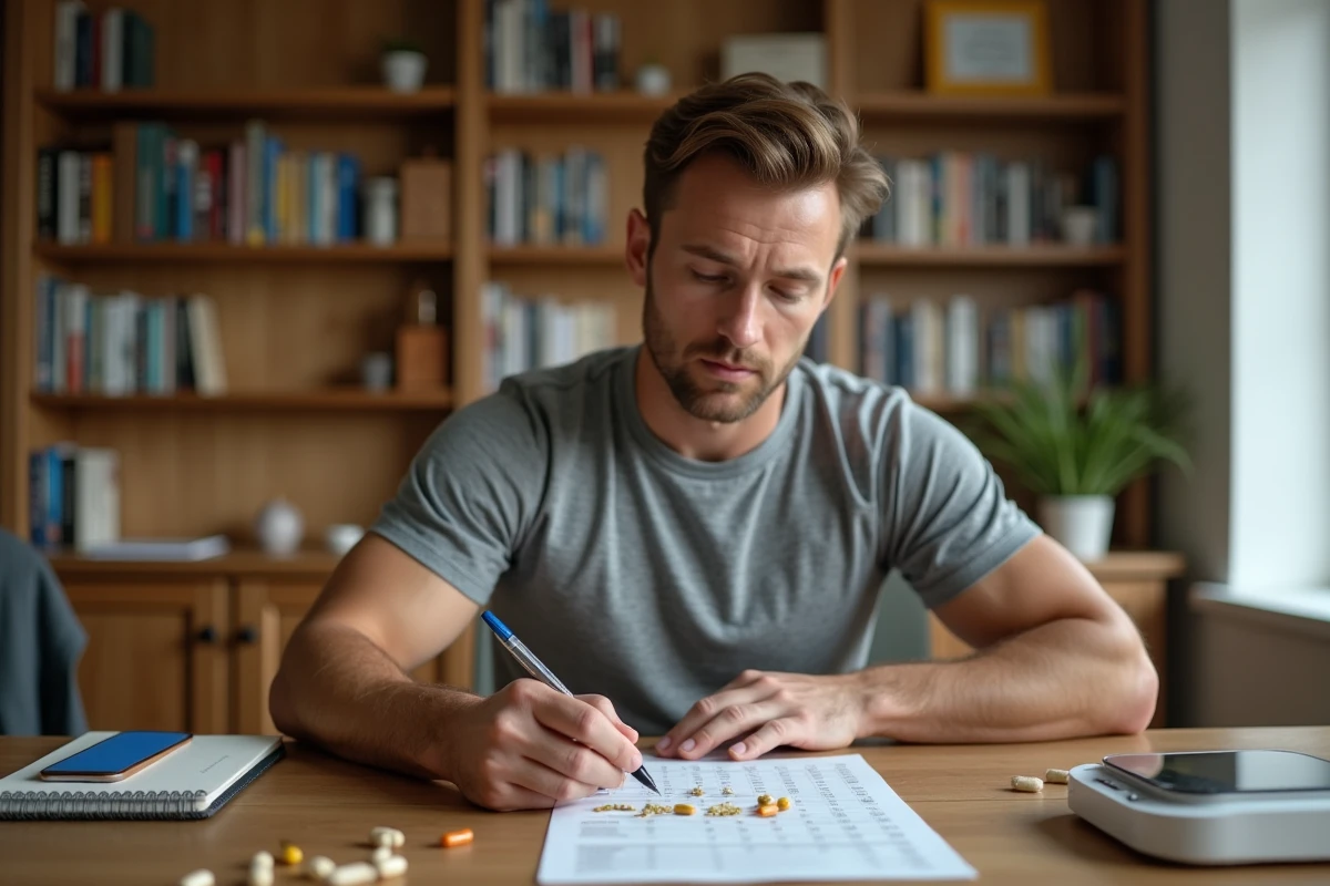 Homme calculant sa posologie de compléments selon son poids à son bureau avec une balance et un tableau de dosage