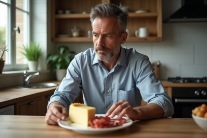 Homme d'&acirc;ge moyen d&eacute;gustant fromages et charcuterie dans une cuisine