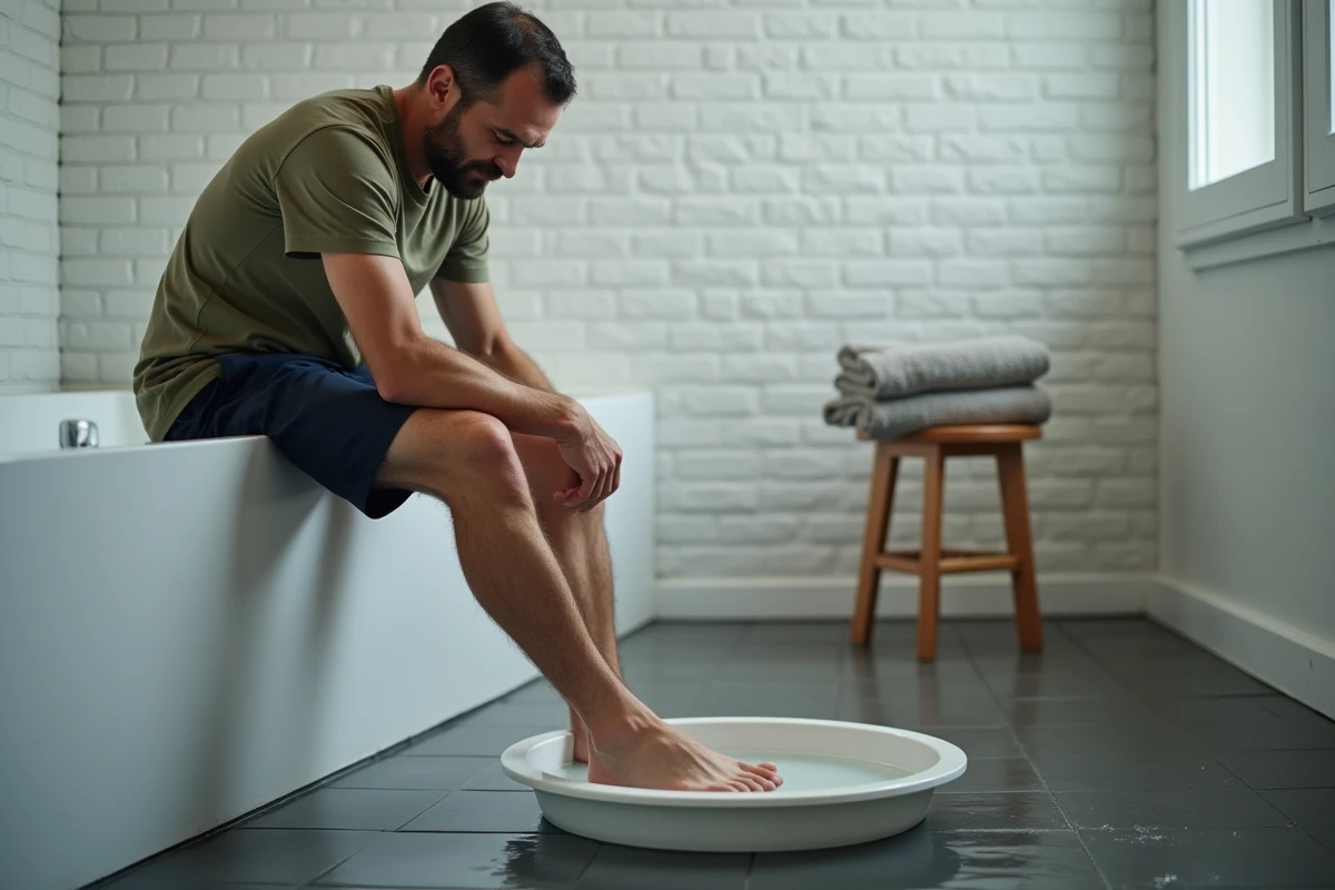 Homme trempant sa cheville gonflée dans un bain de pied à la maison comme soin avant consultation médicale