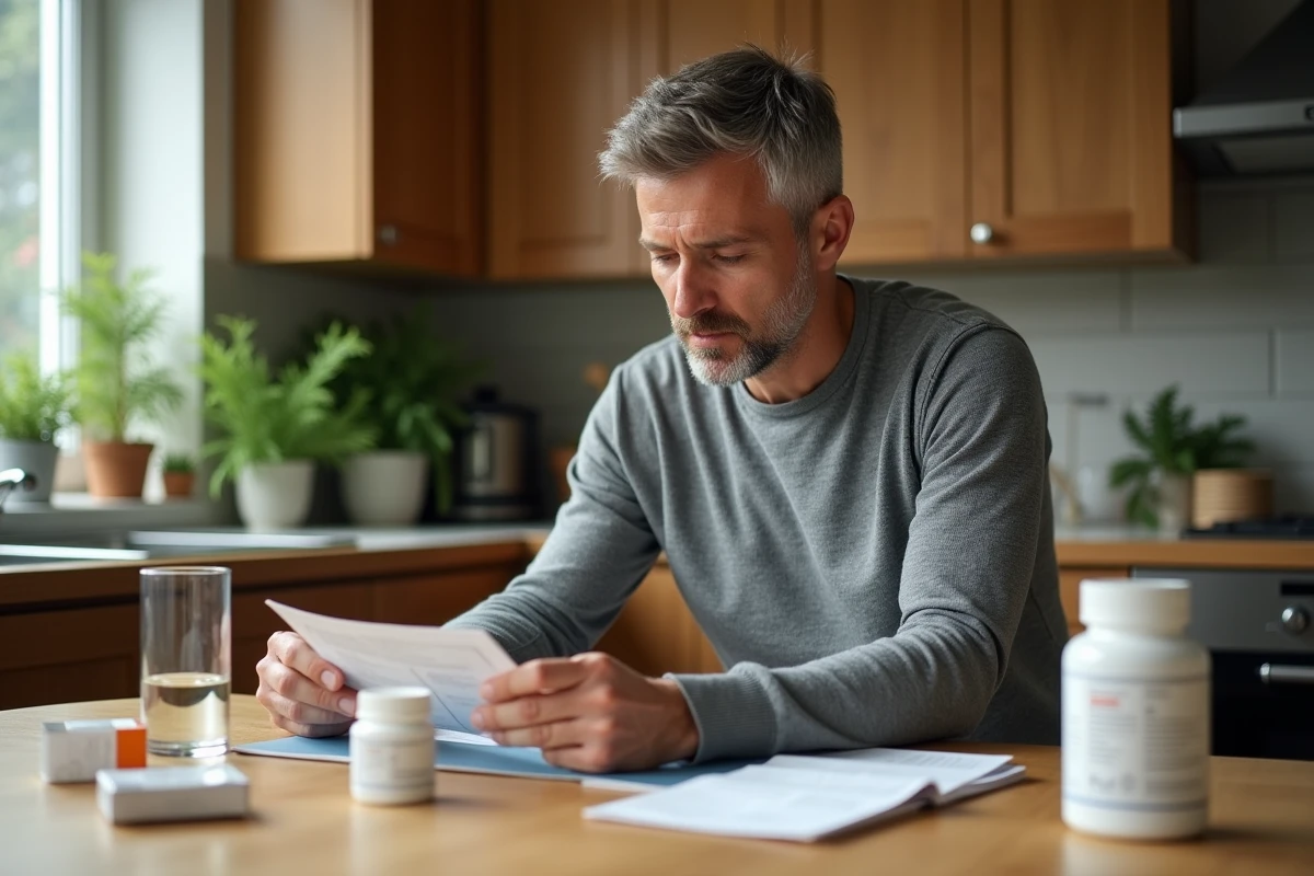 Homme comparant des compléments phytothérapeutiques sur une table de cuisine