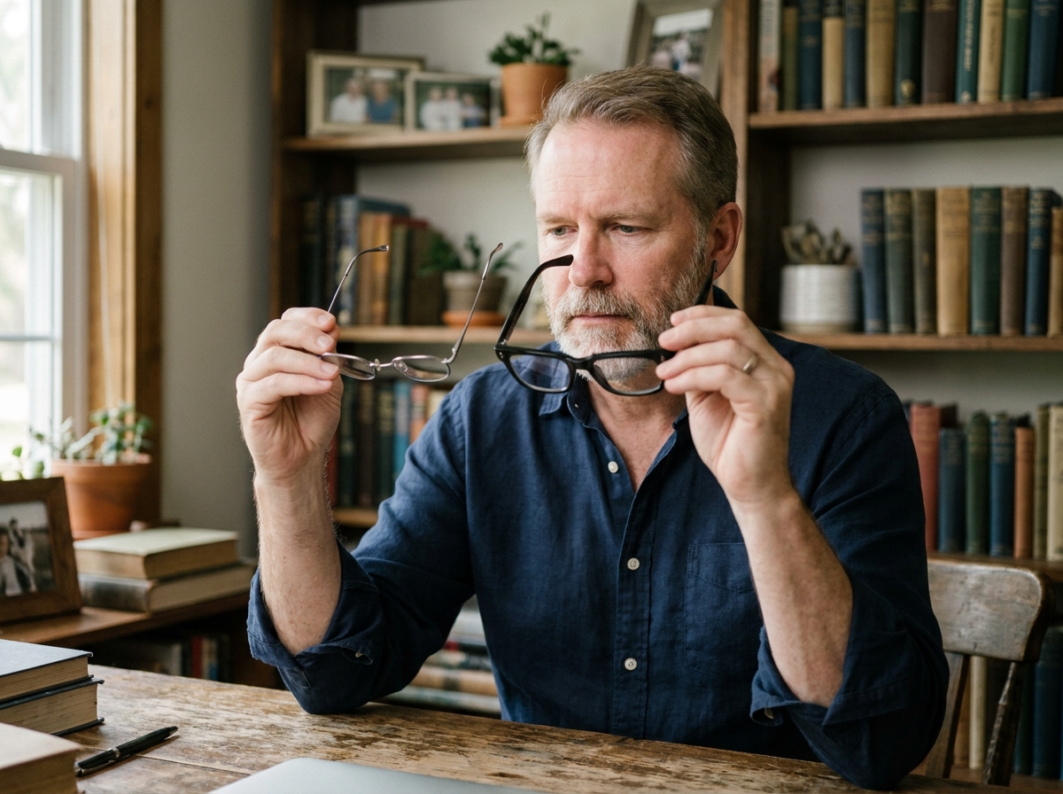 Homme comparant deux styles de montures de lunettes dans une bibliothèque à domicile