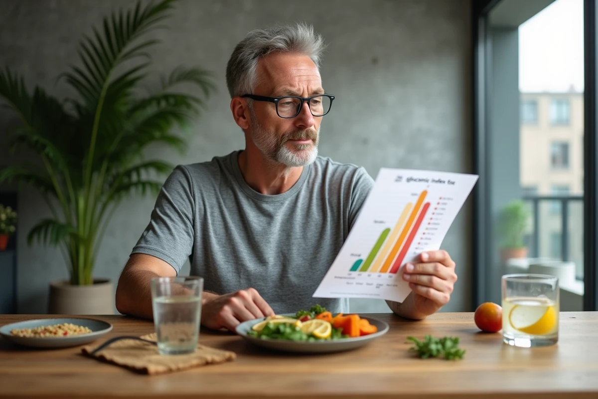 Homme consultant un tableau d'index glycémique des aliments devant un repas équilibré à base de quinoa et légumes grillés dans une salle à manger contemporaine