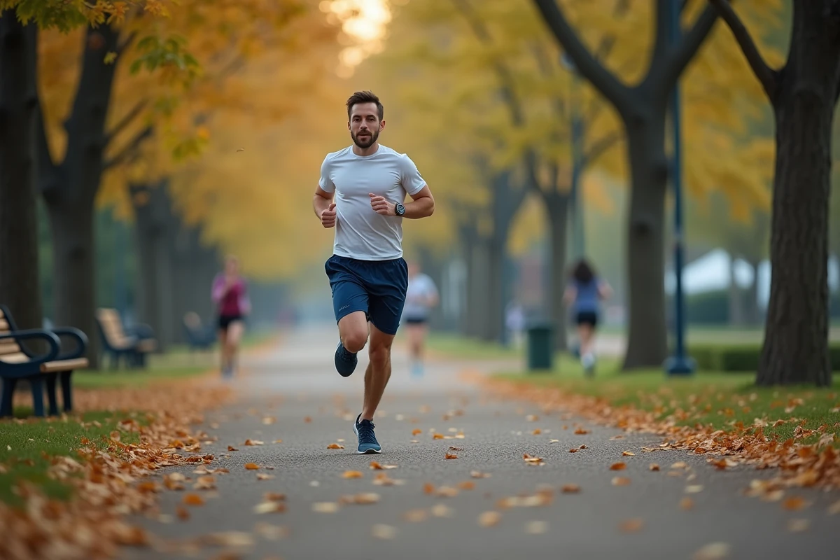Homme en train de courir dans un parc urbain boisé dans le cadre d'un programme sport intensif d'une semaine pour perdre trois kilos