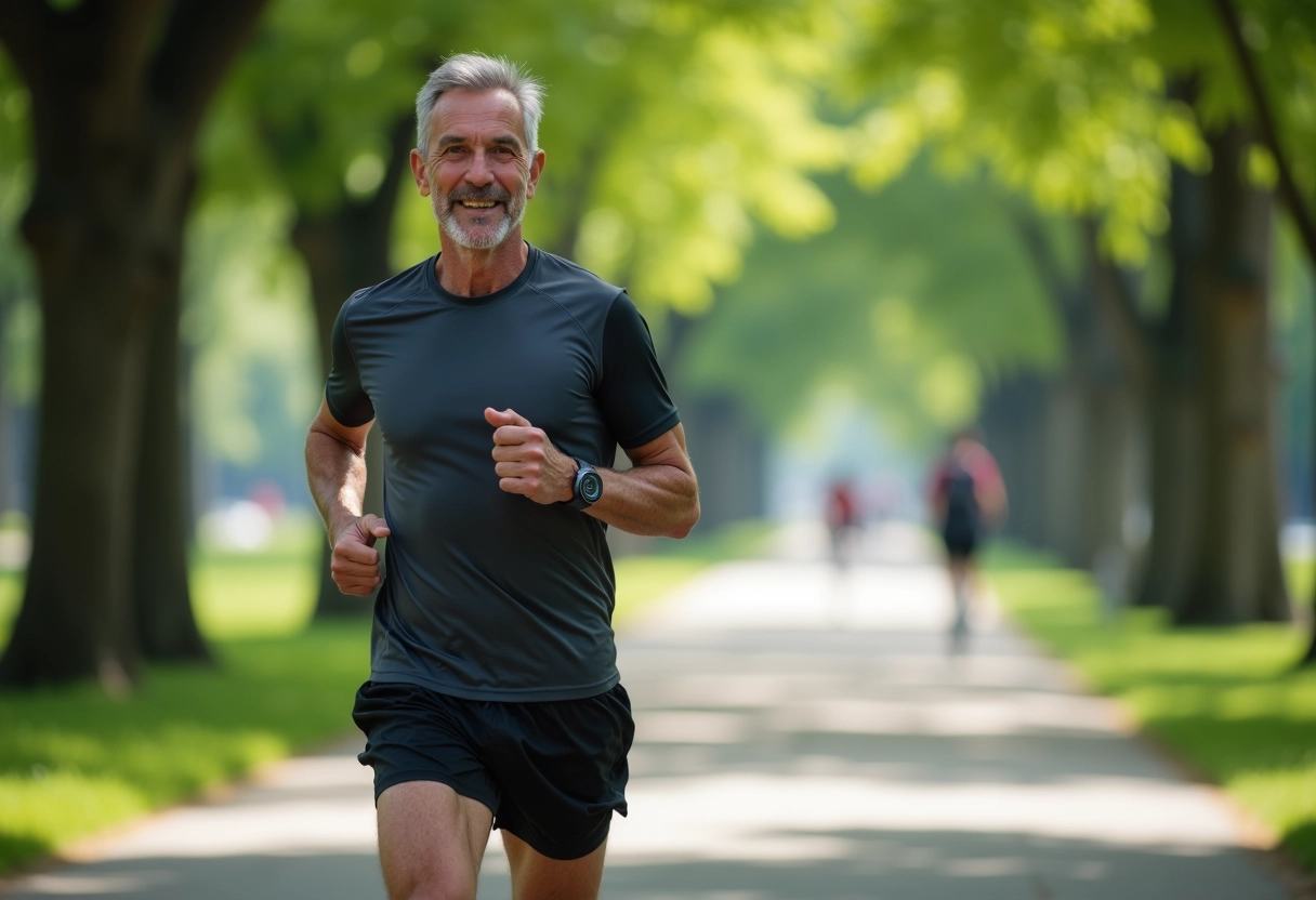 Homme courant dans un parc urbain verdoyant