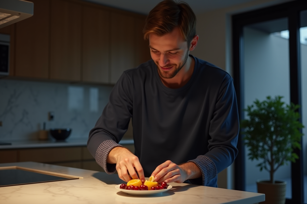 Jeune homme arrangeant des fruits dans la cuisine la nuit