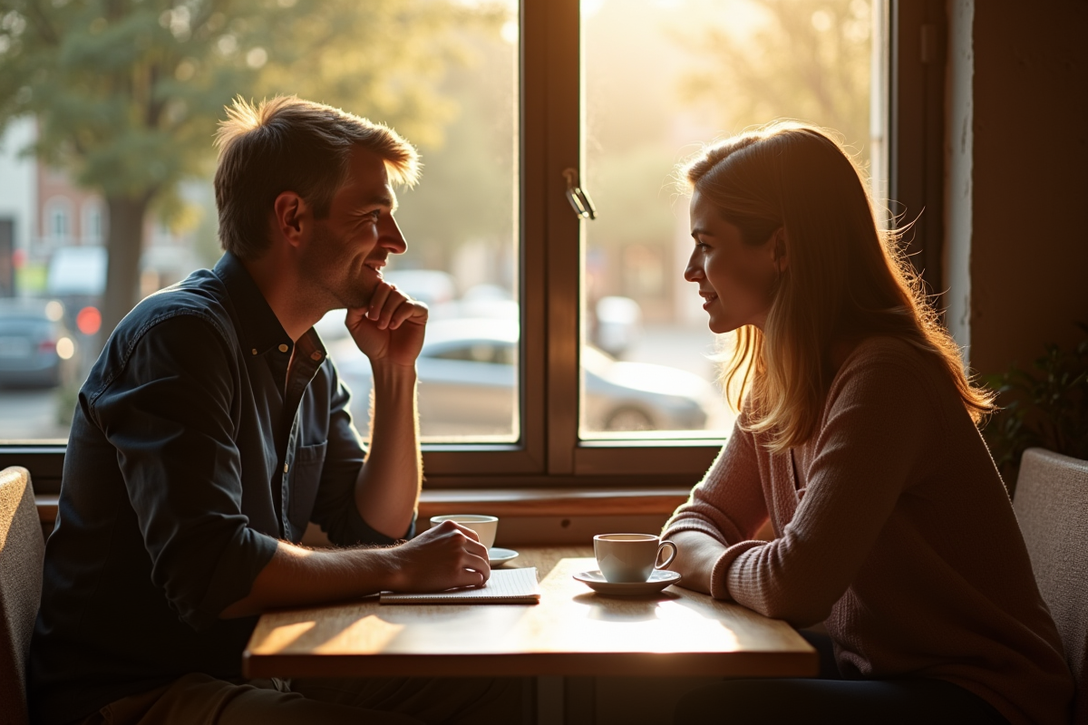Homme et femme discutant dans un café ensoleille