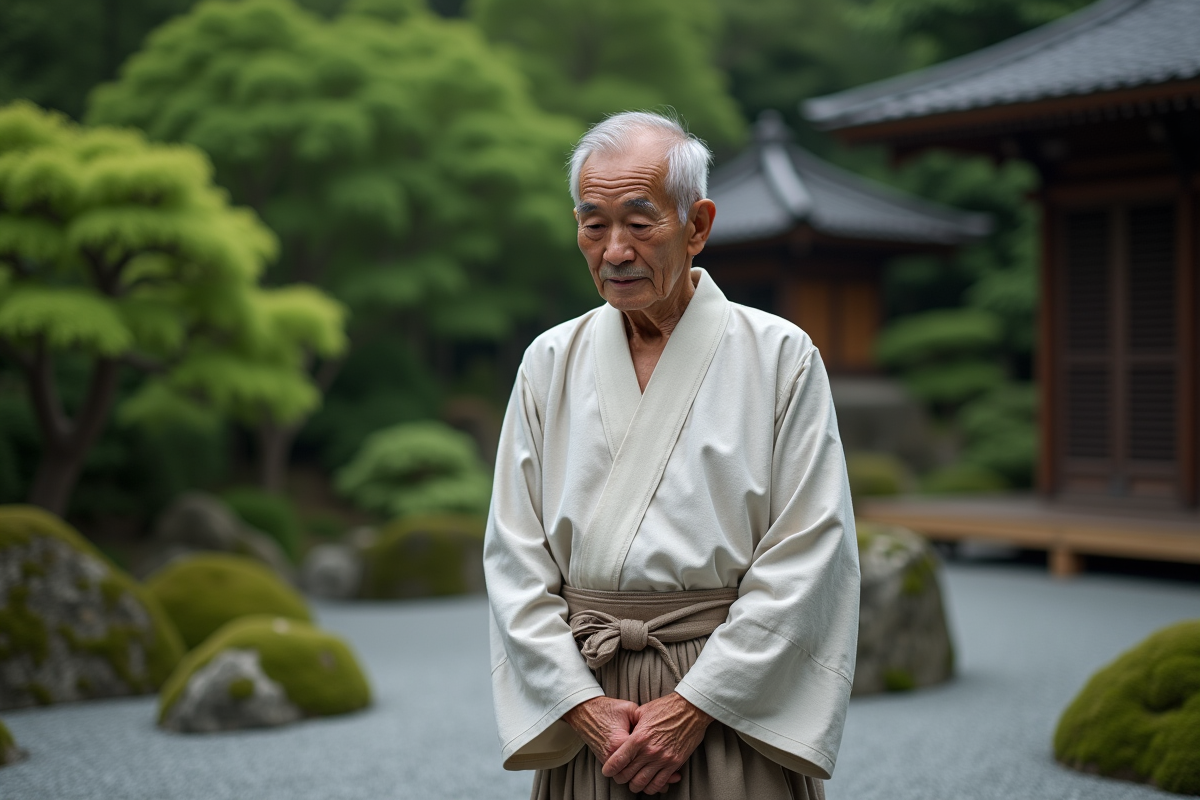 Homme âgé dans un jardin zen avec gravier et mousse