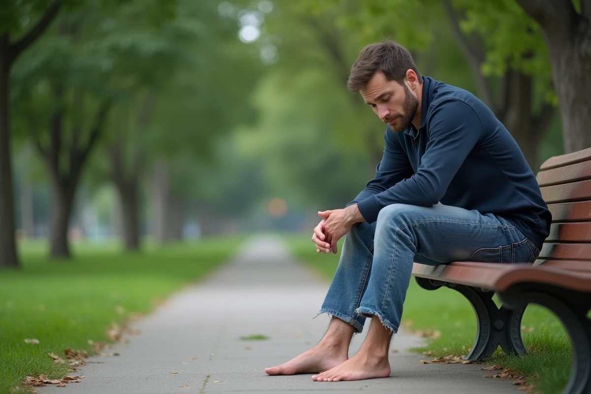 Jeune homme assis sur un banc de parc regardant ses pieds nus avec inquiétude, illustrant la sensation de fourmillements ou brûlures aux pieds