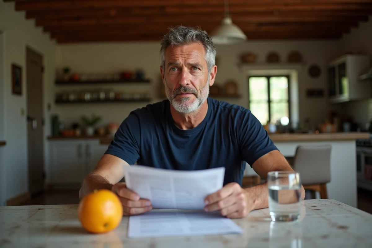 Homme assis à une table de cuisine lisant un document d'alerte sanitaire sur la coloquinte posée devant lui