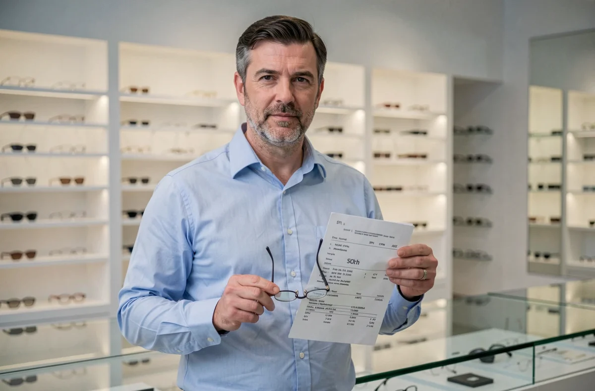 Homme tenant une ordonnance ophtalmologique avec des valeurs de correction visuelle dans un magasin d'optique moderne