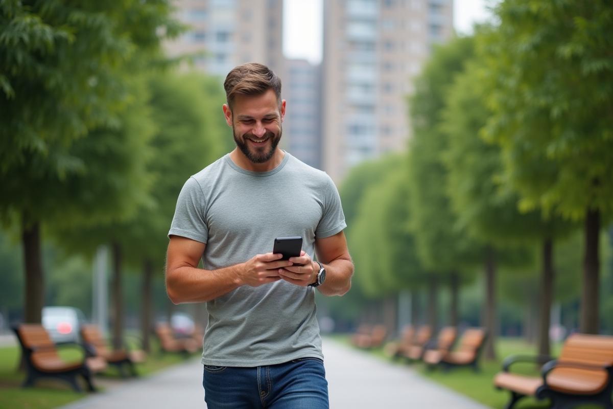 Homme marchant dans le parc vérifiant son application santé