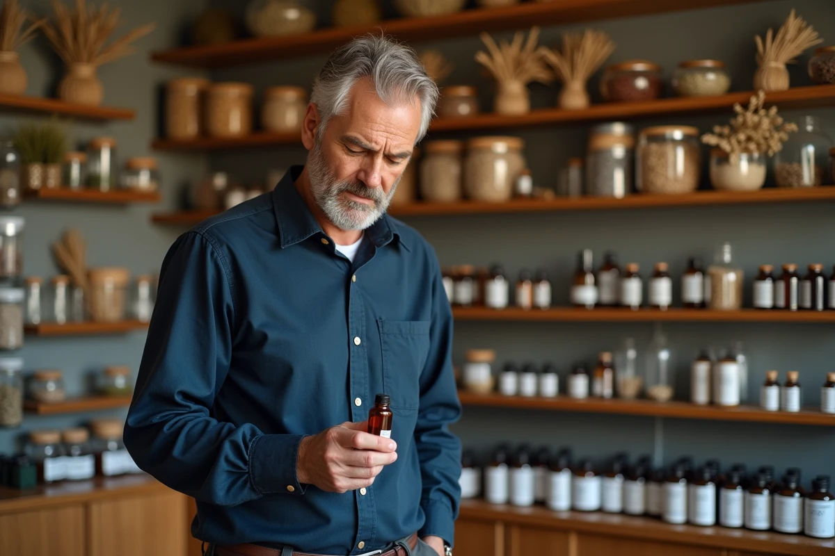 Homme en pharmacie choisissant un complément naturel pour soulager l'épine calcanéenne et soutenir le foie et l'intestin