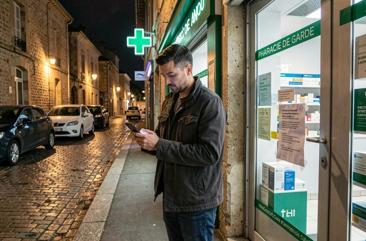 Homme consultant son téléphone devant une pharmacie fermée la nuit en Maine-et-Loire