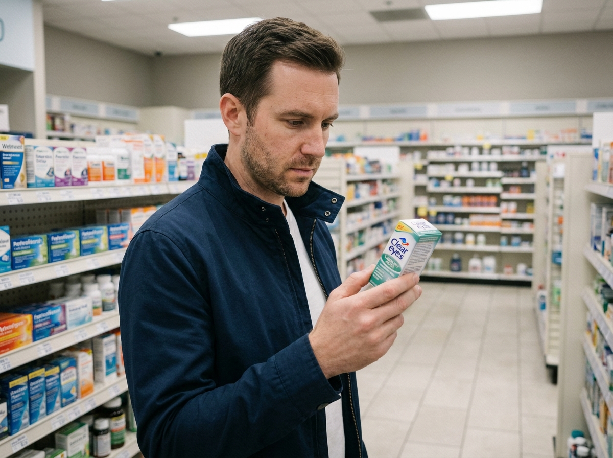 Homme lisant attentivement la notice de gouttes pour les yeux dans une pharmacie, illustrant les soins oculaires du quotidien