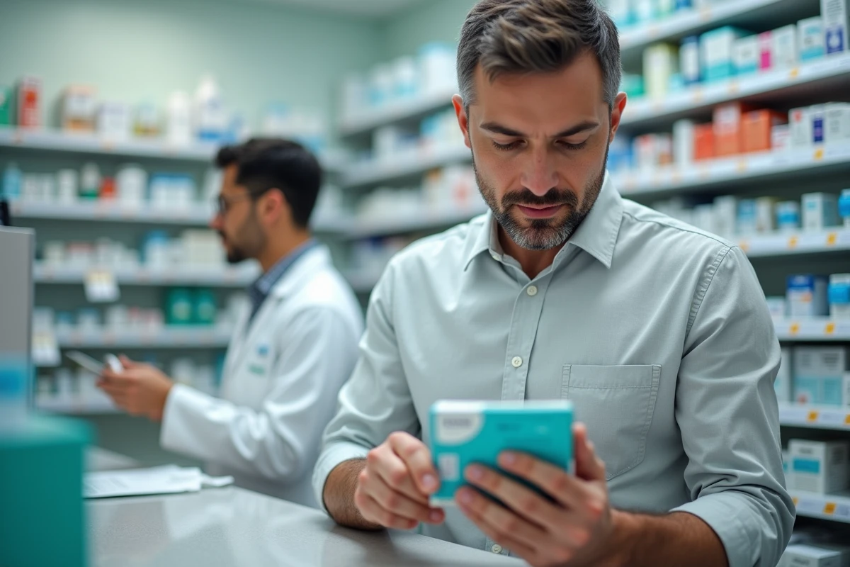 Homme lisant une boîte de traitement en pharmacie