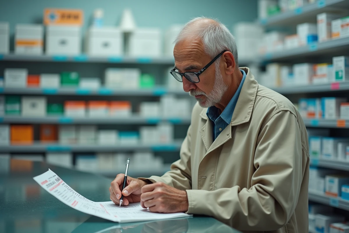 Homme &acirc;g&eacute; consulte la liste de vaccins en pharmacie