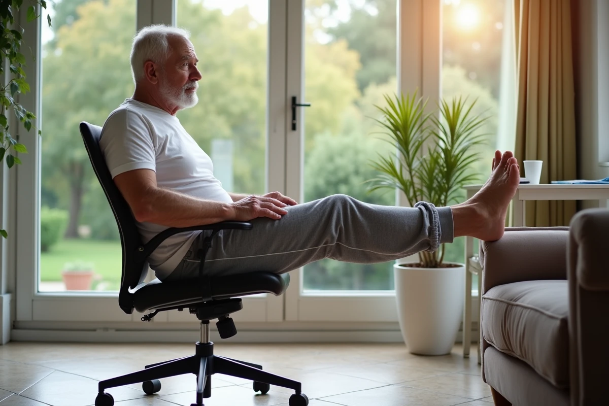 Homme &acirc;g&eacute; r&eacute;alisant un exercice de physioth&eacute;rapie &agrave; la maison