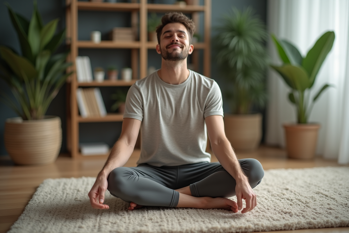 Homme en pause de Pilates dans un salon lumineux