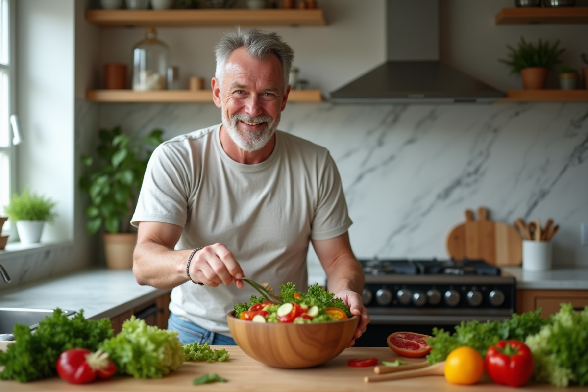 Homme en cuisine préparant une salade colorée