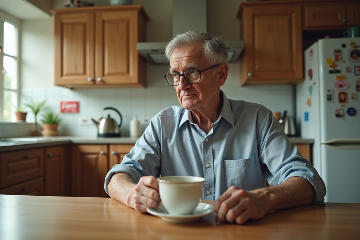 Homme âgé buvant du thé dans une cuisine lumineuse