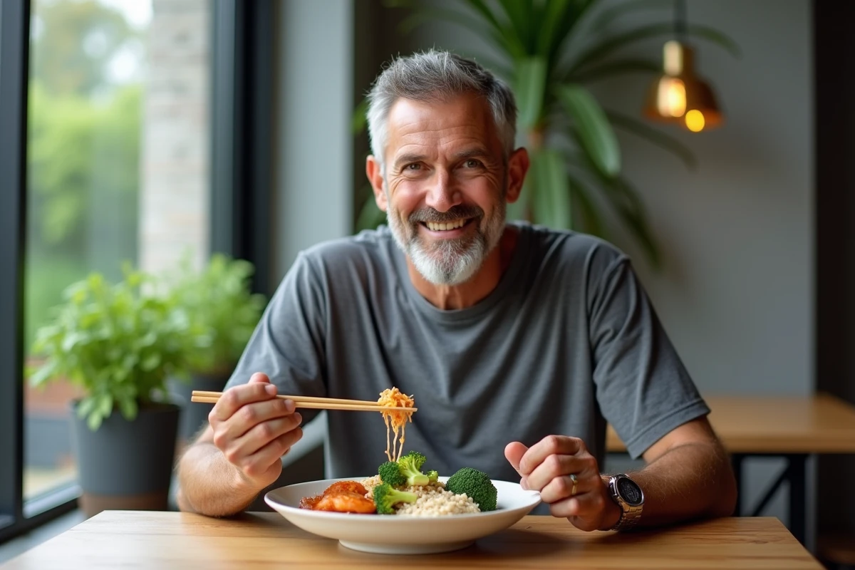 Homme mangeant un repas sain à base de riz complet, saumon et brocoli dans un cadre quotidien et naturel