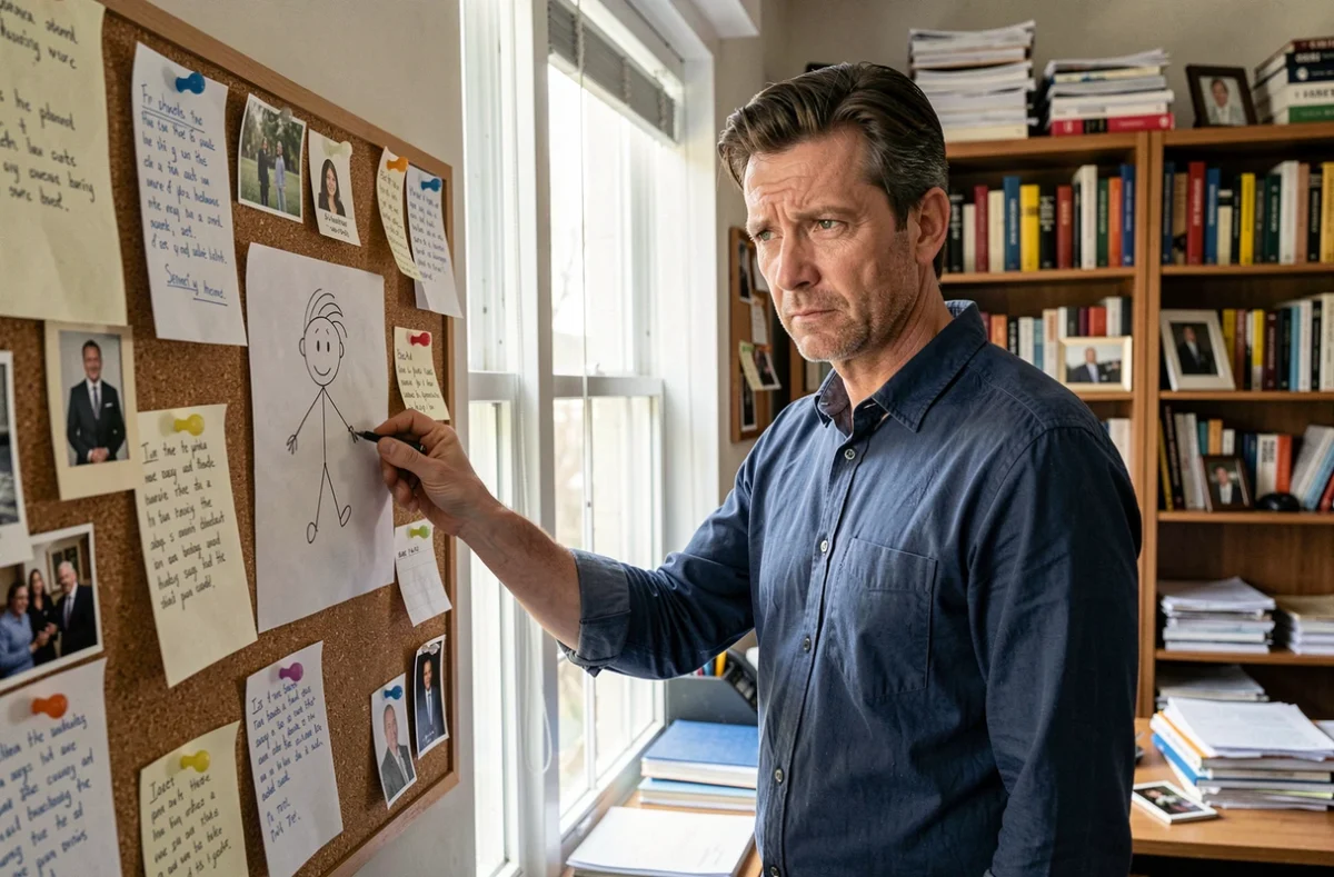 Homme épinglant un dessin de bonhomme allumette sur un tableau liège, illustrant une dépendance émotionnelle difficile à rompre