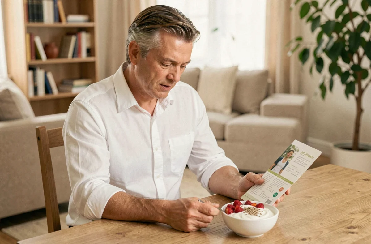 Homme lisant une brochure sur la santé digestive avec un bol de yaourt probiotique, évoquant la préparation à un régime et la détox intestinale