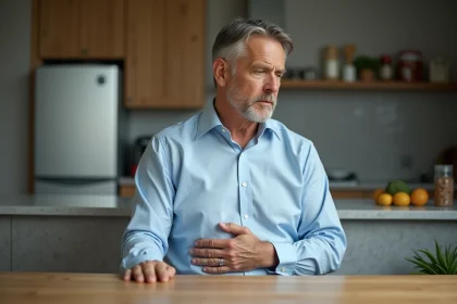 Homme d'âge moyen assis à la cuisine avec expression préoccupée