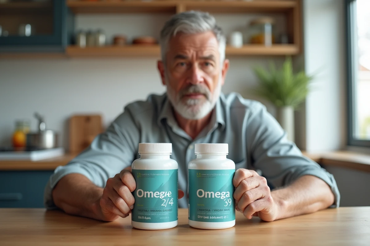 Homme questionneux regarde deux contenants d omega 3 6 9