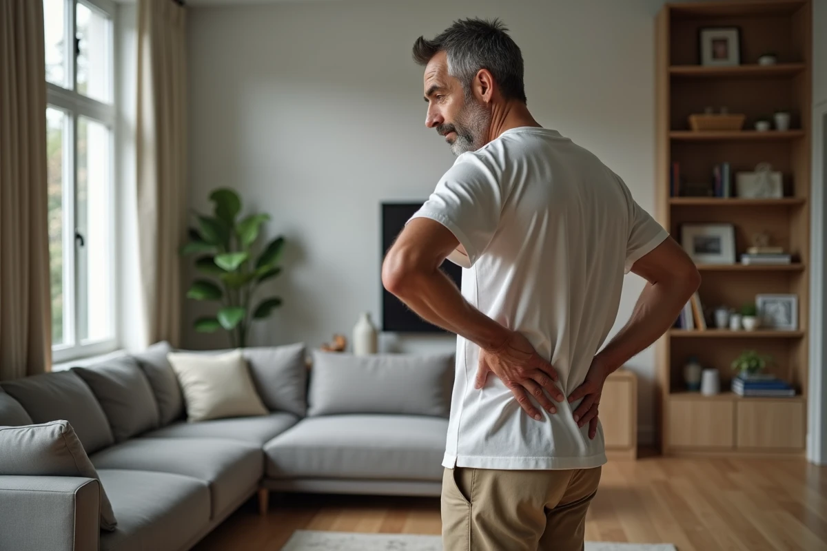 Homme pensif se tenant le dos dans un salon moderne
