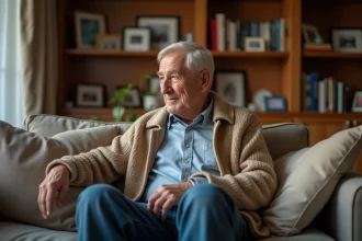 Homme senior en salon cosy avec canne et livres
