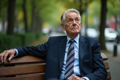 Homme &acirc;g&eacute; en costume dans un parc urbain calme