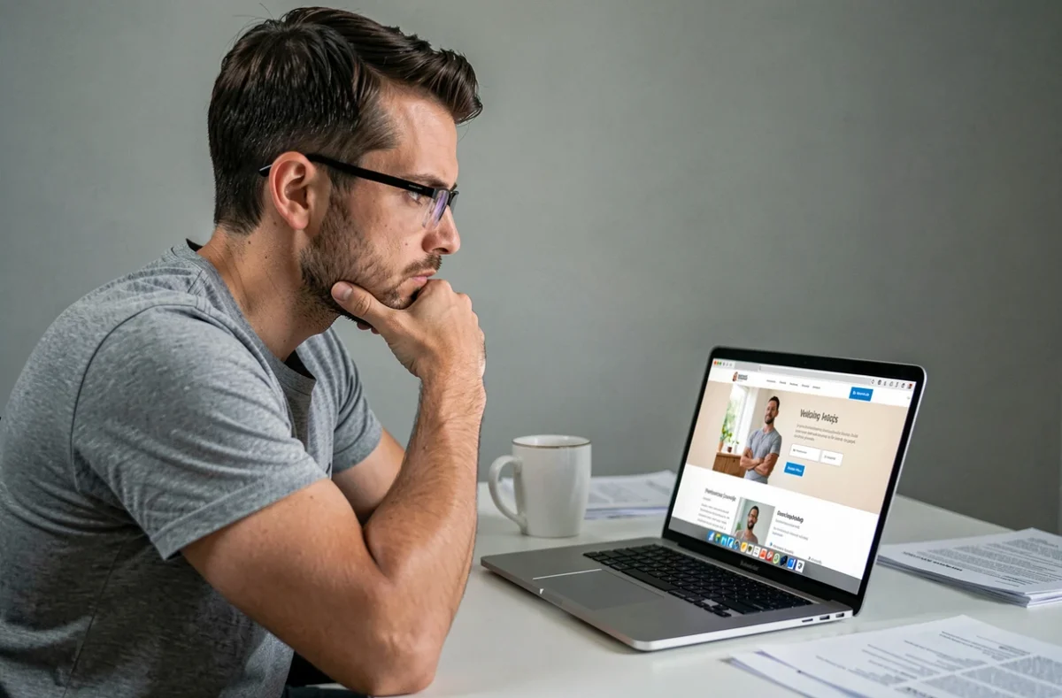 Homme songeur consultant un site de bien-être en ligne depuis son bureau à domicile, regard interrogatif