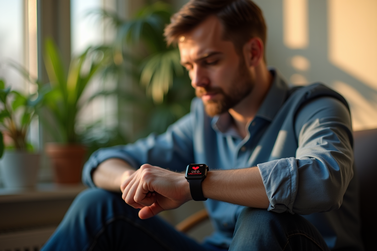 Homme seul à la maison regarde sa montre connectée santé