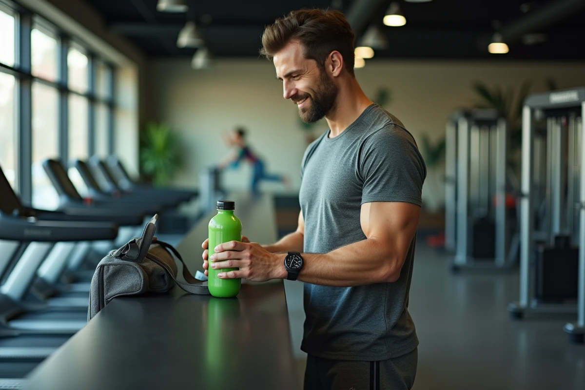 Homme sportif posant avec une bouteille de boisson Bonjour dans un environnement de salle de sport