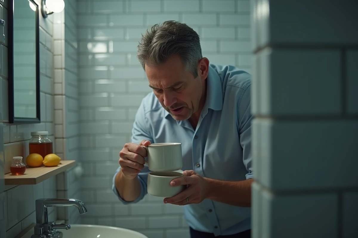 Homme adulte dans la salle de bain la nuit tenant une tasse de tisane pour calmer une toux nocturne