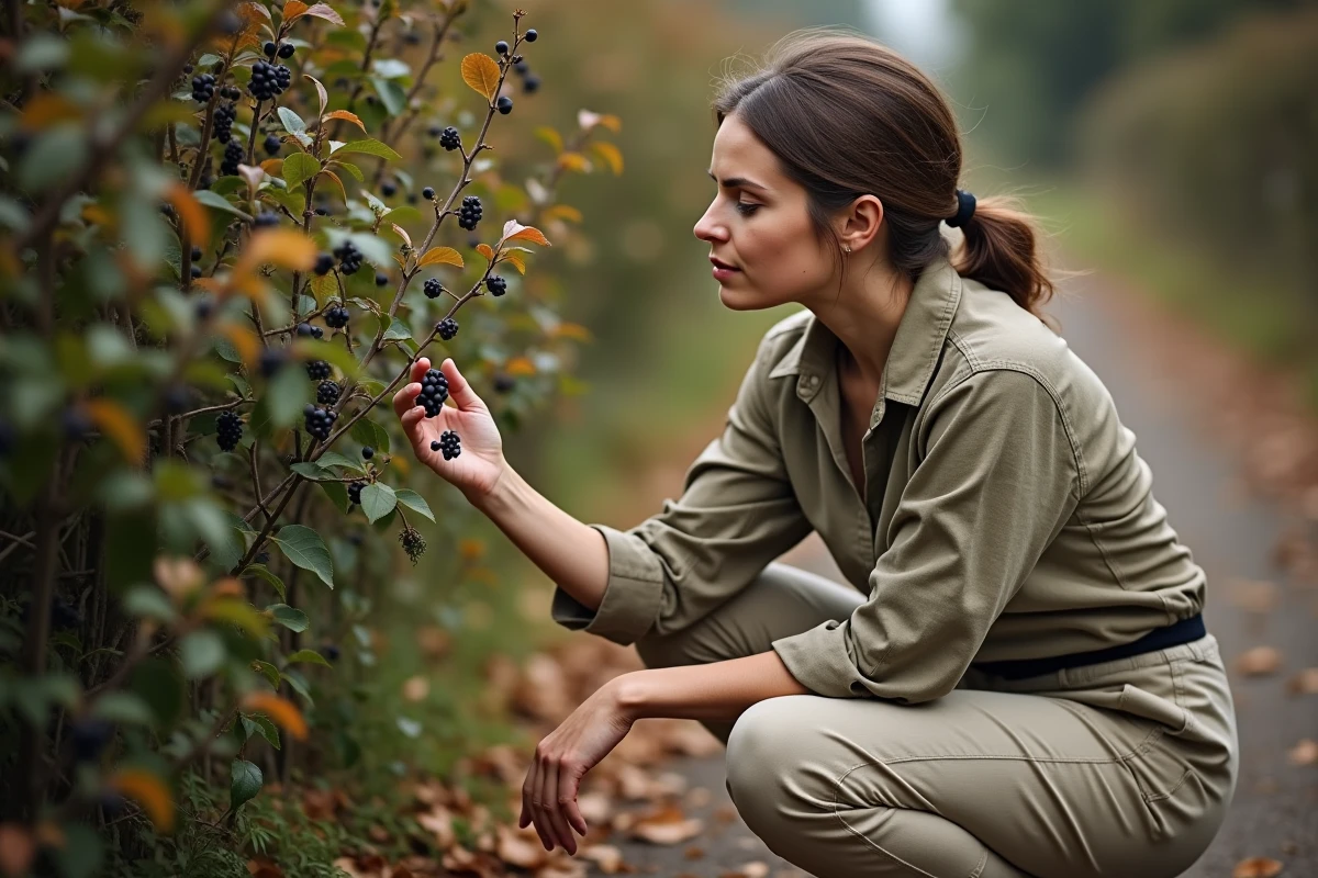 Femme identifiant des prunelles sauvages sur un prunellier épineux dans un chemin de campagne en automne