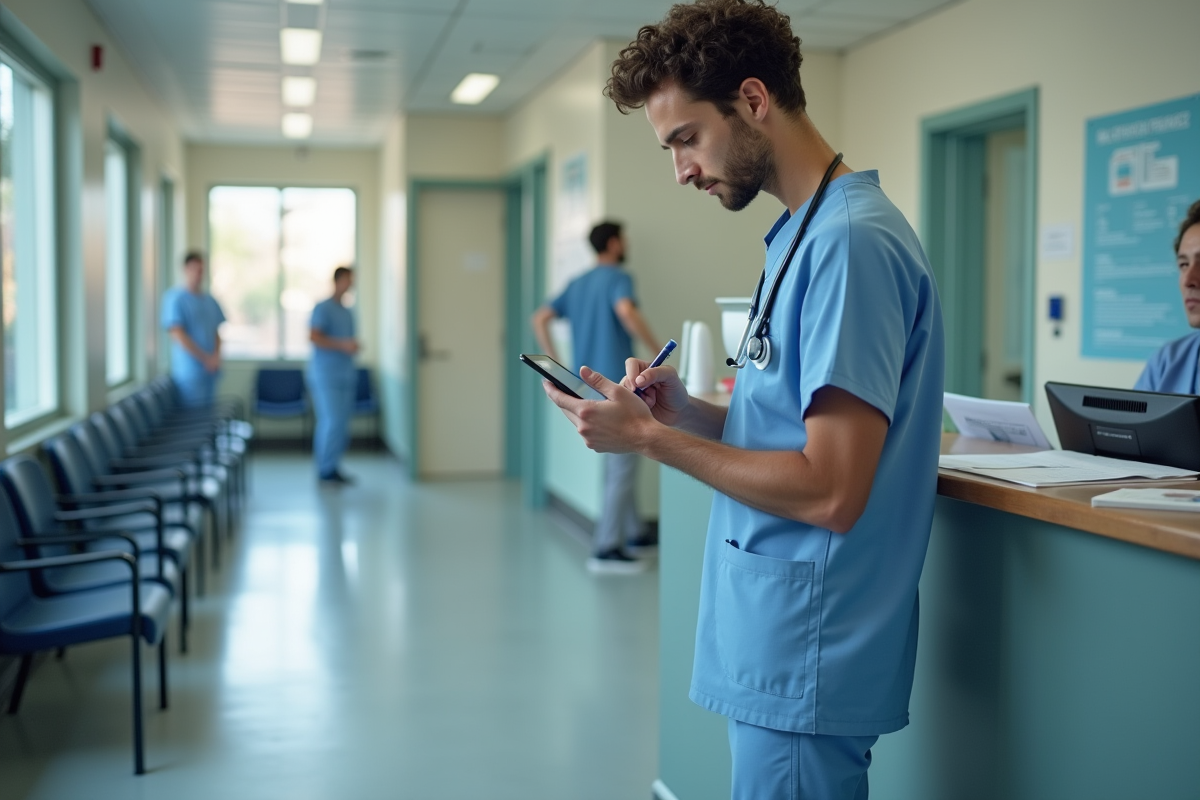 Jeune infirmier documentant des informations sur une tablette à la clinique